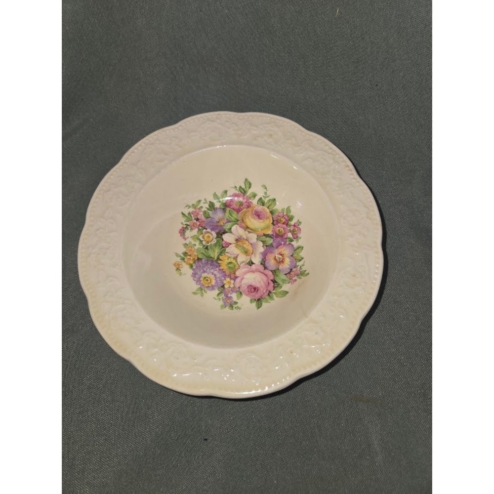 Edwin M Knowles Floral China Bowl Vintage Cream Scalloped Edge Made in USA 34-8